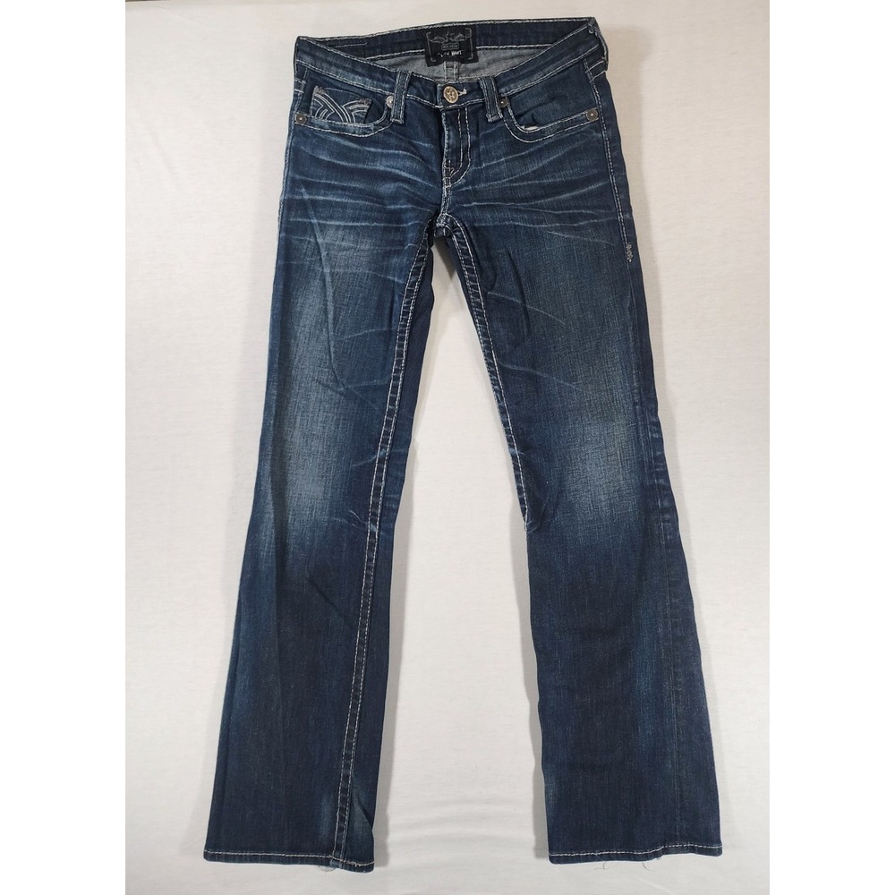 Big Star Liv Boot Cut Straight Jeans Womens 29L LONG Low Rise Dark Wash Contrast